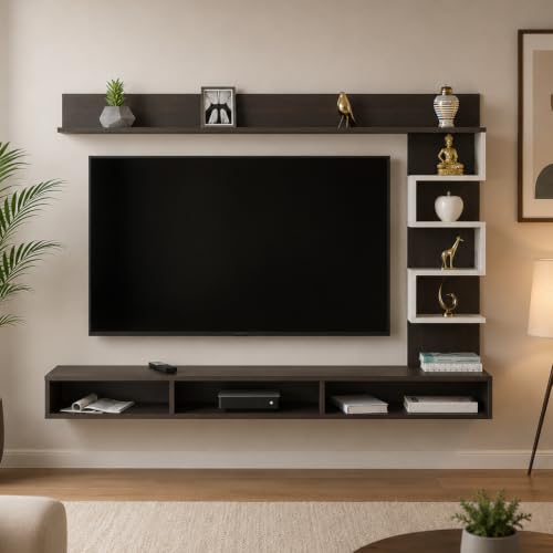 Image of FURNEASER Dettlet Modern Engineered Wood Wall Mounted TV Entertainment Unit for 43 inch TV | Floating TV Cabinet with Open Storage Shelves Racks for Set Top Box, Books & Decor (Wenge & White)
