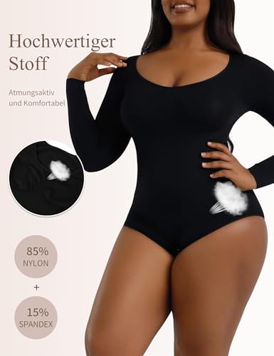 Becotal Damen Body Shaper Shapewear Stark Formend Bauchweg Langarm Unterhemd Rundhals Bodysuit Top Nahtlose Basic Shirt, Schwarz, L