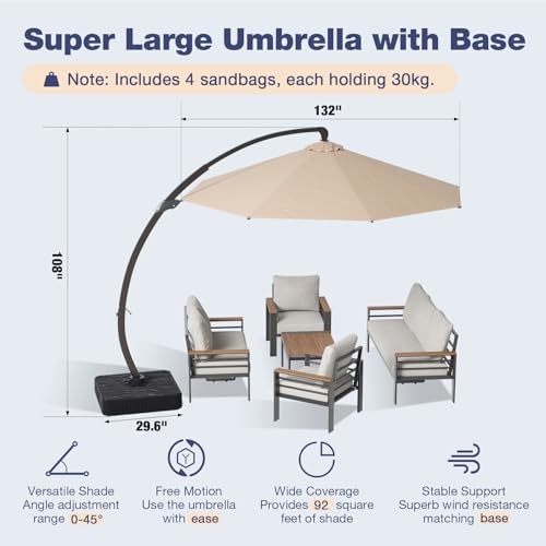 Image of Aoxun Aluminum Patio Furniture Set with Umbrella 7 Seats, Oversized Outdoor Sectional with Washable Thick Cushions, Coffee Table, Patio Conversation Sets for Porch, Balcony, Deck