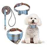 BINGPET Bow Tie Dog Collar with Leash Set - Cute Adjustable Classic Plaid Dog Bandana Collar with Be
