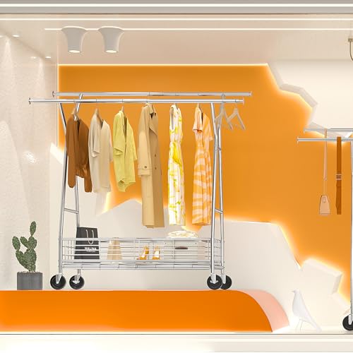 Raybee Clothes Rack Heavy Duty Rolling Clothing Rack With Wheels Load 600Lbs Double Rod Clothing Racks For Hanging Clothes Commercial Portable & Adjustable Garment Rack With Metal Basket thumb #7
