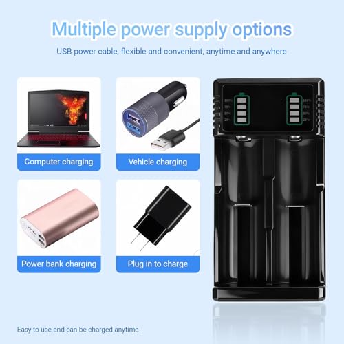 18650 Ladegerät mit LCD-Display,Li-Ion Akku Ladegerät, Schnellladegerät 2-Fach für 3,7V Akkus, Universell kompatibel mit 18650, 26650, 18500, 14500, 21700,26700, USB-A Akku Ladegerät