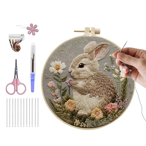 Kit de bordado de primavera para principiantes con tela impresa de conejito