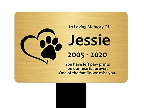 Large Personalised Paw Print Heart Pet Memorial Stake - Engraved Plaque, Waterproof, Grave Marker, Garden, (Metallic Silver/Gold/Copper) (Gold)