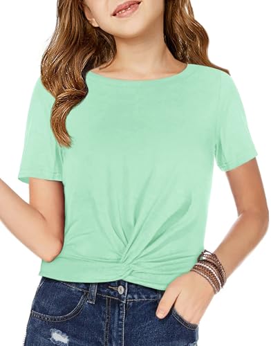 Image of Haloumoning Girls Short Sleeve T Shirts Kids Summer Twist Front Crop Tops Fashion Tees 5-14 Years