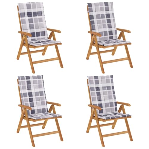 Foknhdi Juego de 4 sillas de jardín con cojín, plegables, madera maciza de teca, resistente a la intemperie, 60 x 74,5 x 104 cm, respaldo ajustable en 6 posiciones, para terraza, balcón y camping