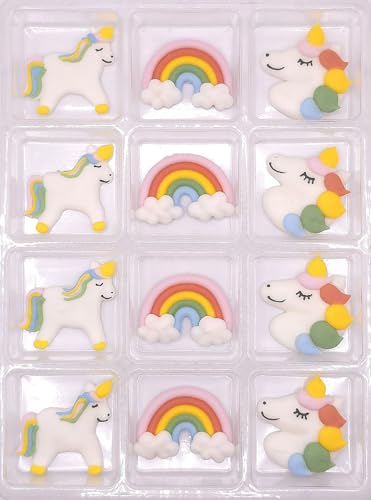 NCS Unicorn Set Edible Royal Icing Cake Toppers, 12 Count – Unicorns, Clouds & Rainbow