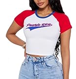 IDEWO Vintage Graphic Baby Tees for Women Brazil Shirt Y2k Tops Mexico Crop Jersey 2000s Summer Going Out Tops (Puerto Rico,Large,Large)