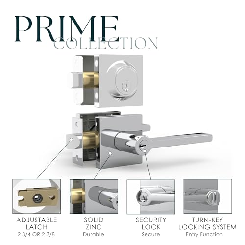Image of Mega Handles Prime Entrance Combo, Entry Lever Door Handle and Single Cylinder Deadbolt Lock and Key Combo, Heavy Duty Square Locking Door Levers Set for Left or Right-Handed Doors - Polished Chrome