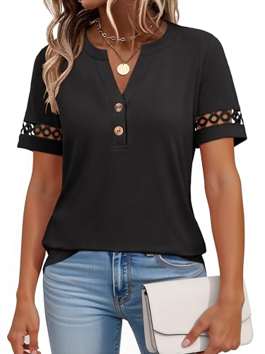 ANRABESS Womens Short Sleeve Tops Henley V Neck Dressy Casual Blouses 2026 Summer Trendy Tee Shirts Work Business Outfits Black X-Large