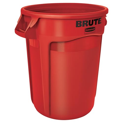 Image of Rubbermaid Commercial Products BRUTE Heavy-Duty Round Trash /Garbage Can 32-Gallon Red Waste Container Home /Garage /Mall /Office /Stadium /Bathroom