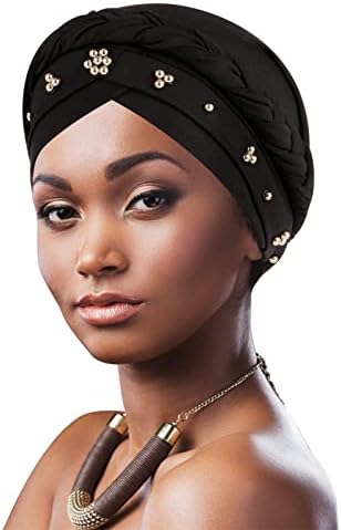 DRESHOW African Women Turban Pre-Tied Twisted beaded Braid Head Wrap Hat Beanie Headwraps Chemo Cancer Cap