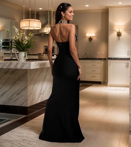 Image of Jigfar Women Sexy Elegant Rhinestone Mesh See Through Party Club Night Split Bodycon Formal Maxi Dress