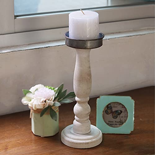 Paris Loft White Distressed Carved Wooden Pillar Candle Holder for Table Mantle, Shabby Chic Wooden Candle Holder Stick Stand for Christmas Wedding 11-1/4''H