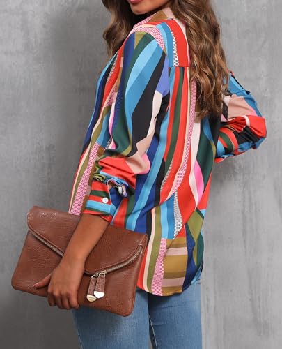 Blouses for Women Aesthetic Button Down Shirts Long Sleeve Dressy Casual Floral Tops Fall Outfits for Women 2025 Trendy - Green Mix Striped M2