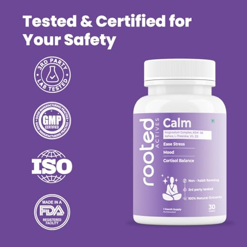 Image of Rooted Actives Calm Stress Relief Tablets | Magnesium Complex, KSM-66 Ashwagandha & L-Theanine | Anxiety Support, Mood Balance, Cortisol Control & Sleep Support | Non-Habit Forming | 30 Tablets