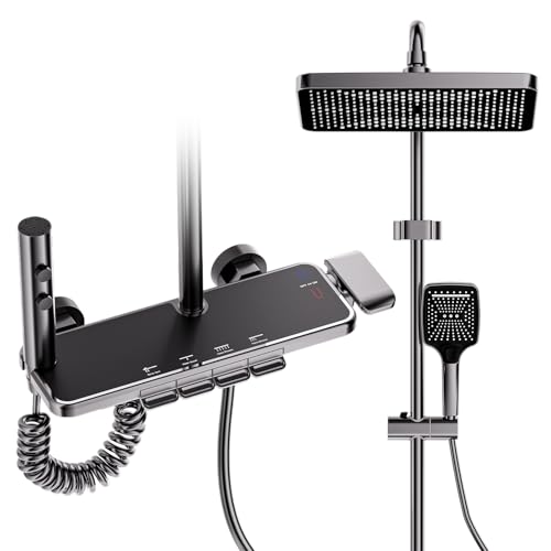 YJYAJIE Colonne de Douche avec Mitigeur, Système de Douche avec Tête de Douche Tête Carrée, Jet, Robinet de Baignoire et Pommeau de Douche avec Hauteur Réglable,...