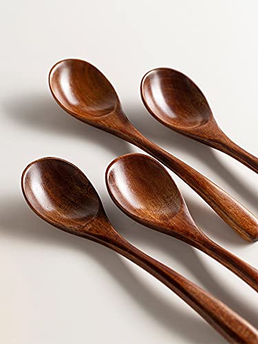 Solid Wood Spoon Japanese-style Soup Spoon Rice Long Handle Anti-scald Tea Coffee Stirring Spoons 4pcs