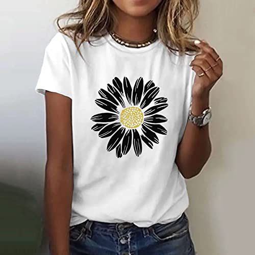 Camiseta de mujer de algodón cuello redondo Top elegante deportivo holgado, camiseta de girasol, talla grande, túnica manga corta, algodón, camiseta estampada de girasol, Tops de gran tamaño, Z1