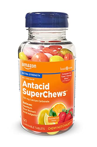 Amazon Basic Care Chewy Bites Chewable Antacid Tablets, Ultra Strength Heartburn Relief, Acid Indigestion, Upset & Sour Stomach, Fast-Acting, Assorted Fruit Flavors, 90 Count