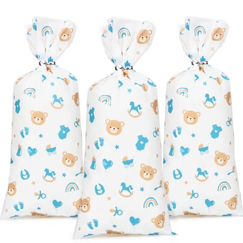 50 Stück Babyparty Geschenktüten mit Kabelbinder 12,5x27,5cm Plätzchen Beutel Süßigkeiten Tüten Candybar Bags Partytüten Zellophantüten Geschenke für Baby Shower Geburt Gender Reveal Party (Blau)
