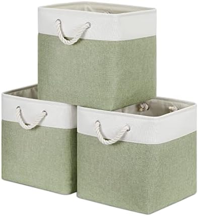 Bidtakay Cubby Storage Bins Set of 3 Fabric Baskets for Shelves Closet Drawer Organizer Storage Cubes 13x13 Collapsible Organization Baskets for Nursery Toy Shelf (White&green)