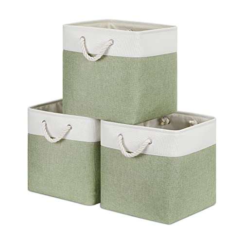 Bidtakay Cubby Storage Bins Set Of 3 Fabric Baskets For Shelves Closet Drawer Organizer Storage Cubes 13X13 Collapsible Organization Baskets For Nursery Toy Shelf (White&Green) #TOP6