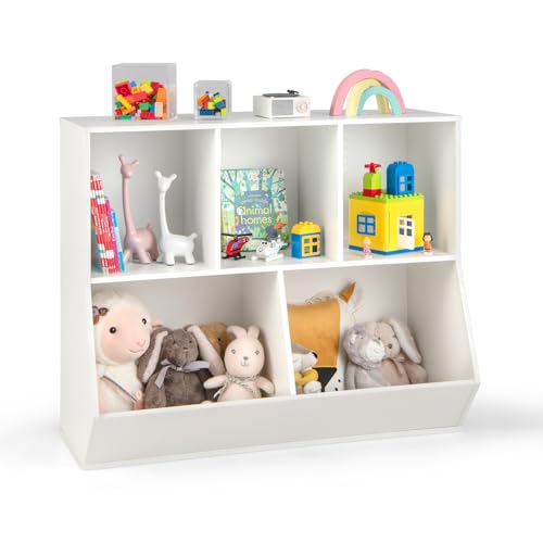 Costzon Toy Organizers and Storage with Bookshelf, Wooden 5 Cubby Children’s Book Shelf Toy Storage Cabinet Bookcase for Kids Room, Playroom, Kindergarten, Nursery (White)