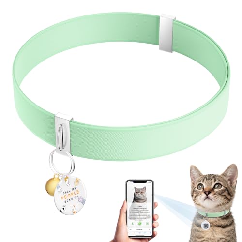 Cat Collar with QR Code Name Tag, Stretch Elastic Quick Release, Cat ID Tag Personalized, Ultra-Durable, Non Breakaway Lightweight Kitten Collar Fits Most Girl Boy Small Large Cats (Green)