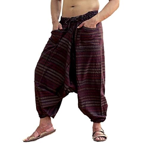 Sarjana Handicrafts Indian Ethnic Men’s Cotton Harem Genie Trouser Striped Yoga Pants (Free Size, Brown) Cover