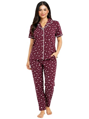 Image of Kuchipoo Women's 100% Cotton Nightwear Pajama Set | Printed Half Sleeve Button-Down Top & Full Length Pyjama | Soft Comfortable Sleepwear