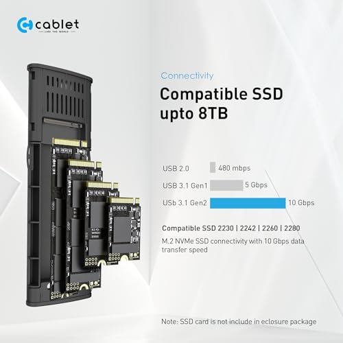 Image of Cablet 10Gbps M.2 NVMe SSD Enclosure Adapter, Tool-Free USB C 3.1 Gen 2, for M-Key & M+B Key NVMe SSD 2230 /2242 /2260 /2280 - Max 8TB, Aluminium Case ReakTek RTL9210 Chipset (MS901-C3)