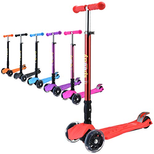 Speedy Scooters® Doblo LED Patinete de 3 Ruedas Luminosas LED - Plegable, Manillar Altura Ajustable y Freno Posterior para Niños, Inclinable Fácil de Girar (Rojo)