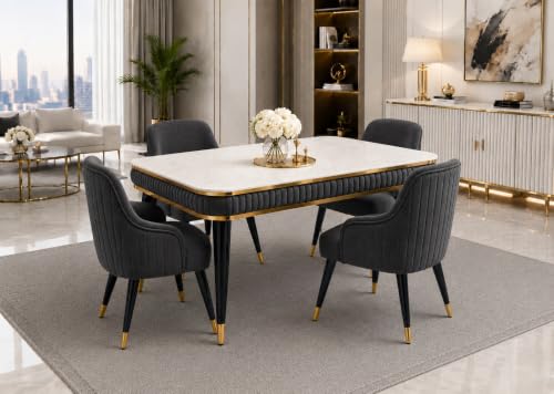 Image of WOODEN SPACE 4 Seater Wooden Dining Table Set | Urban Marble Top Dining Table with Chairs for Dining Room & Kitchen (Modern Zyro Dark Grey) (54 x 36 x 30 inch)