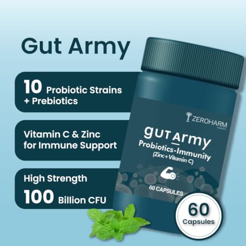 Image of ZEROHARM Gut Army Probiotics & Prebiotics | Psyllium Husk, Lactobacillus Acidophilus, Vitamin C & Zinc | Immunity and Gut Health Supplement | Promotes Natural Gut Health & Digestion | 60 Veg Capsules