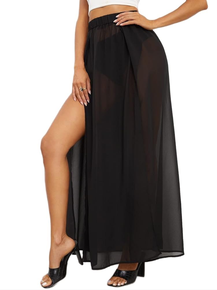 Nimble Nest Women's Beach Cover Up Skirt, High Slit Design, Elastic Waistband (Black, Free Size) 1