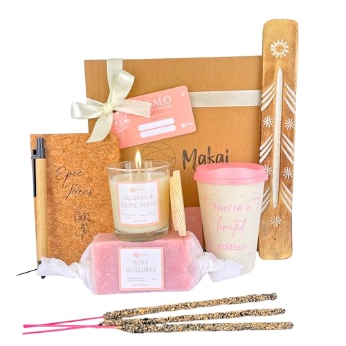 Makai - Pack Regalo mujer, vela aromatica, jabon de manos, libreta pequeña, incienso natural, vaso cafe para llevar, Set Regalo Mujer, Regalo Cumpleaños Mujer
