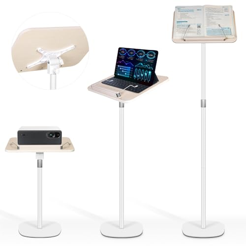 Quran Stand Holder Adjustable Book Stand Holder Adjustable Height Angle Book Stand with Page Clip Sturdy Podium Stand for Reading Bible Laptop or Projector (White 50-130CM)