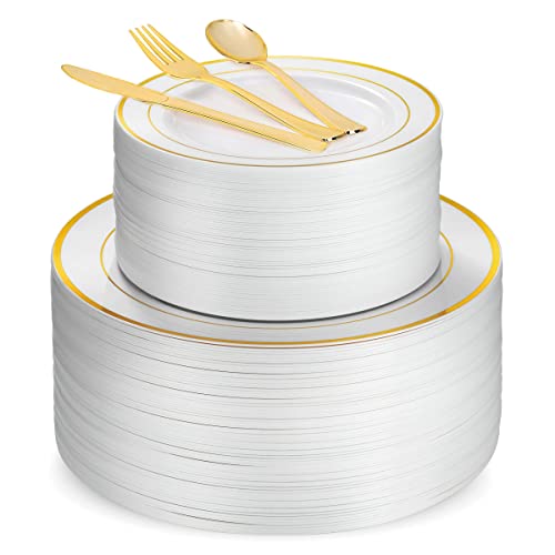 125 Piece Gold Dinnerware Party Set - 50 Gold Rim Plastic Plates, 25 Dinner 25 Dessert Plates, 75 Gold Silverware, 25 Knives, 25 Forks, 25 Spoons - 25 Guest Disposable Set For Wedding Birthday Parties #TOP4