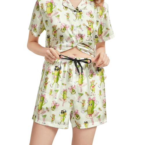 Image of Silk Satin Pajama Set for Women Summer Lounge Pjs Sets 2 Piece Suit Ladies Button Down Tops And Shorts Sleepwear