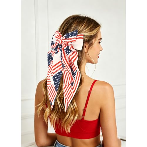 CURASA 4th of July Satin Hair Bows Para Mujeres y Niñas 4PCS Moños de Cinta con Bandera Americana Pinzas de Pelo Patrióticas Día de la Independencia Azul Blanco Estrella miniatura 3