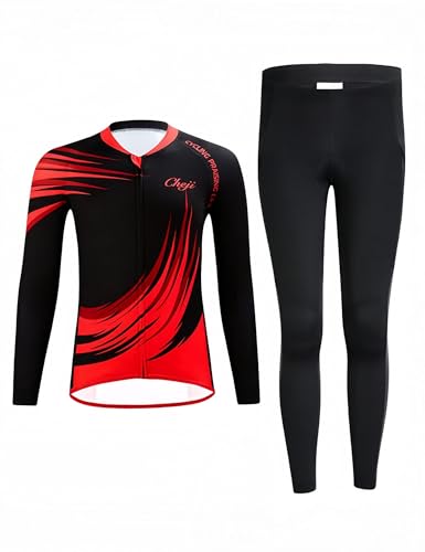 LiFschal Kids Cycling Jersey Set (Long Sleeve Jersey + Padded Shorts) (Black&Red, 4-5Years)