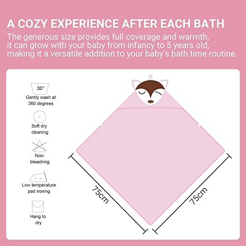 Image of MICHLEY Bamboo Viscose Baby Hooded Bath Towel for Boys and Girls, 29.5 x 29.5 Inch Ultra-Soft and Quick-drying Infant Bath (Pink Fox)