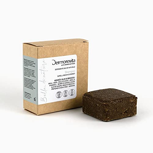 Dermorevita Champú, polvo de henna neutro, amla, maca, cáscara de nuez, arcilla Ghassoul, mantecas de mango y cacao, aceites de cáñamo, argán, brócoli, proteínas de soja y arroz, arginina