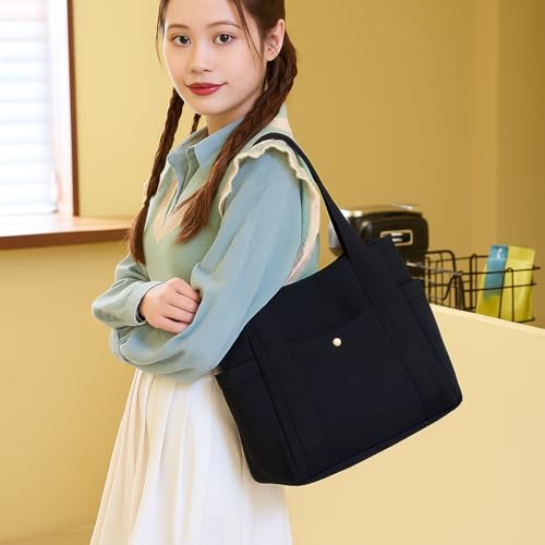 Canvas Shoulder Bag – Spacious Tote with Zipper & Side Pockets, Lightweight & Durable for Travel, Work, and Daily Use