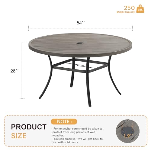 Image of VICLLAX 53 inch Outdoor Round Patio Table for Lawn Garden, All Weather Metal Round Patio Dining Table with Adjustable Umbrella Hole, Patio Table for 8 Person, Grey Wood-Like Tabletop