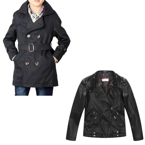 Image of LJYH Big Boys Classic Peacoats Dress Coats Children Fall Toggle Trench Jackets Black 11/12yrs Boys Spring Faux Leather Moto Jackets Kids Zipper Fall Coats Outerwear 11-12yrs 150cm