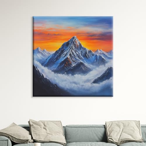 Image of Exsha Majestic Snow-Capped Mount Everest Peak at Sunset Canvas Wall Painting|Vibrant Himalayas Square Art Print for Living Room, Bedroom, Office Decor|Nature Painting for Wall Decoration|20x20 Inch