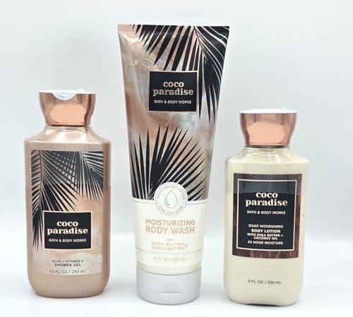 Coco Paradise Bath and Body Set, Shower Gel with Aloe & Vitamin E 10 fl oz, Body Wash with Shea Butter 10 fl oz, Body Lotion with Shea Butter 8 fl oz