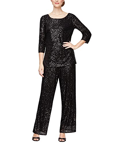 Alex Evenings Women's Straight Leg Dress Pant for Mother of the Bride, Elegant Party Outfit (Petite and Regular Sizes), Black Sequin, XL